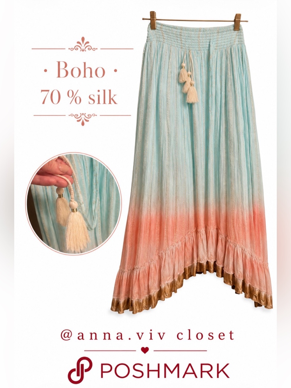 70% SILK ! Boho midi to Maxi Skirt 
in Mint and Pink
